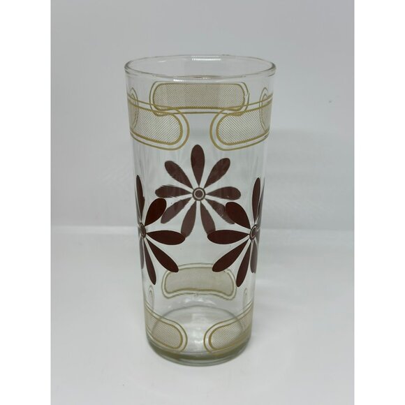 VTG MCM Brown Daisy Glass Tumblers | Set of 4, Gold Geometric Design, 6" Retro - Picture 4 of 5